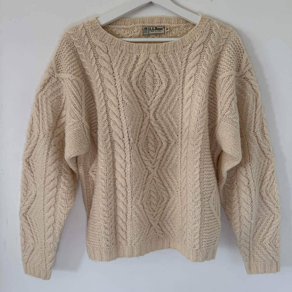 L.L. Bean Wool Cable Knit Sweater Cream Sz M